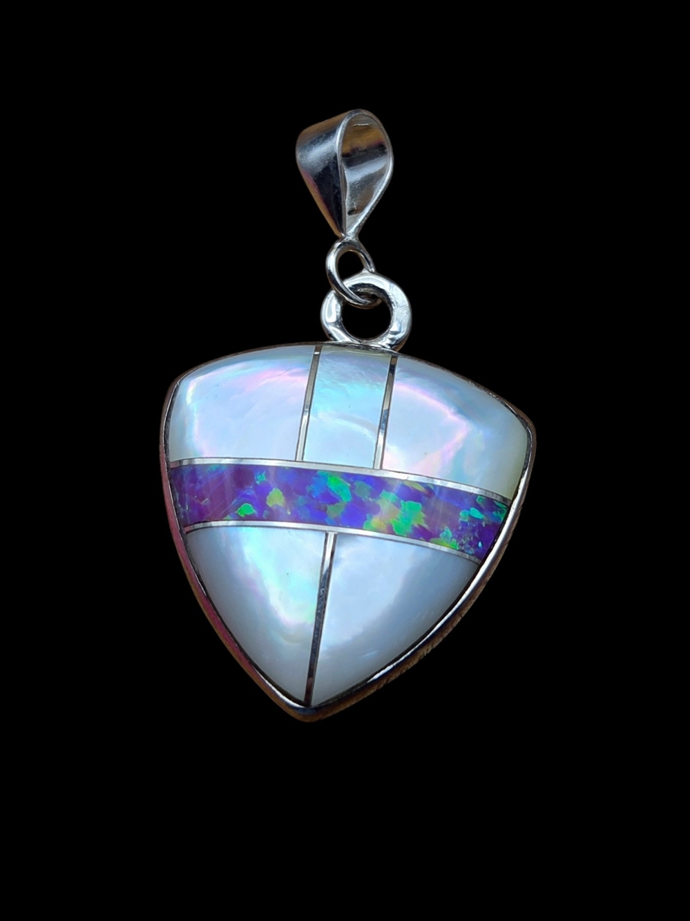 Sterling Silver Mother Of Pearl And Opal Shield Pendant